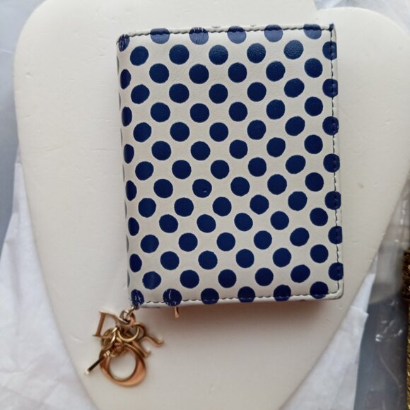 Christian Dior Cream & Blue Dot Leather Bi-Fold Small Wallet with letters charm - Picture 1 of 16